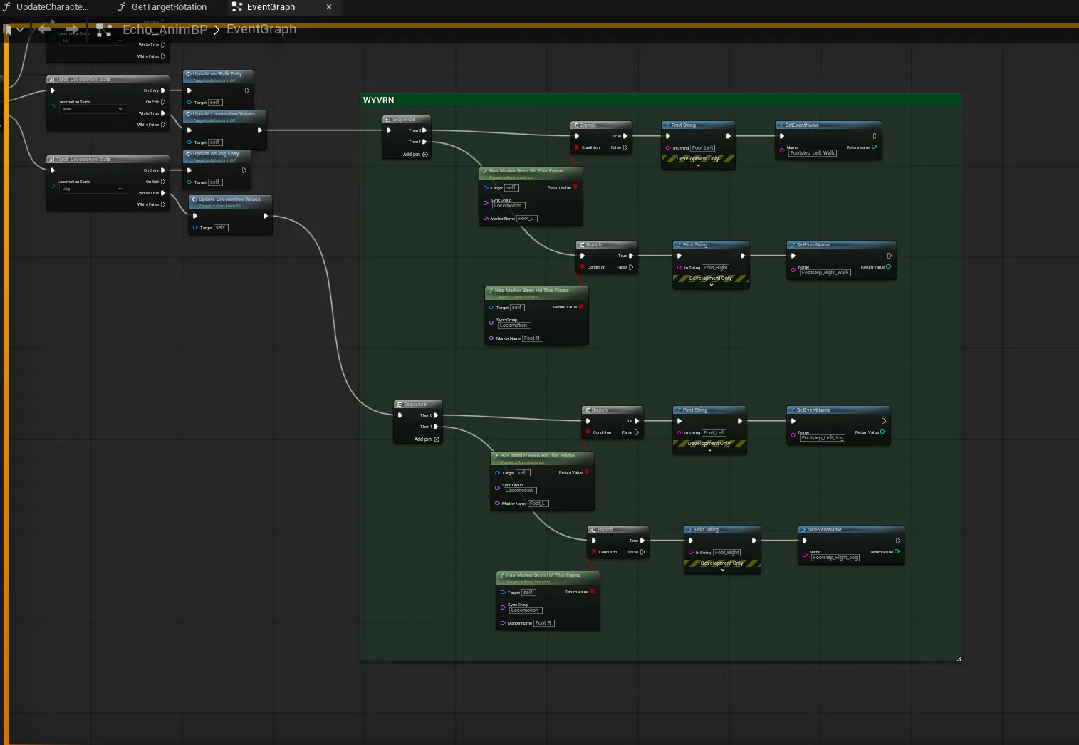Echo's animation Blueprint with a WYVRN block firing left and right footstep events for walk and jog