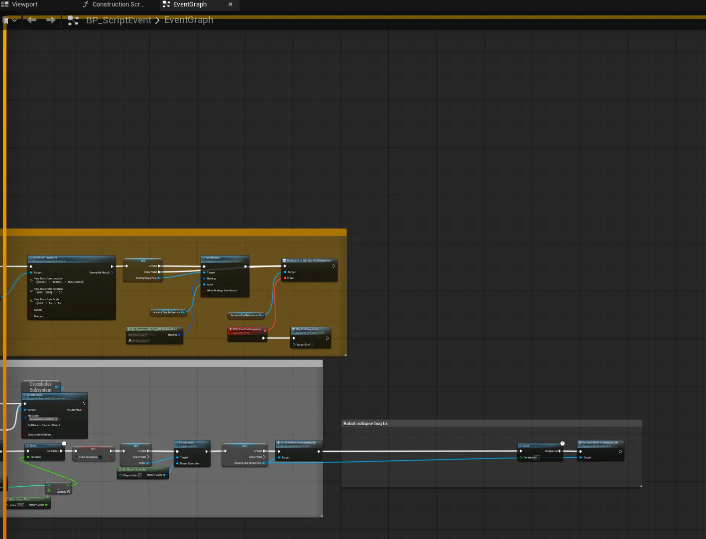 BP_ScriptEvent Blueprint event graph with the robot collapse bug fix comment block