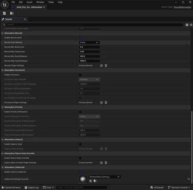 Unreal Sound Attenuation details panel with Enable Send to AudioLink checked at the bottom