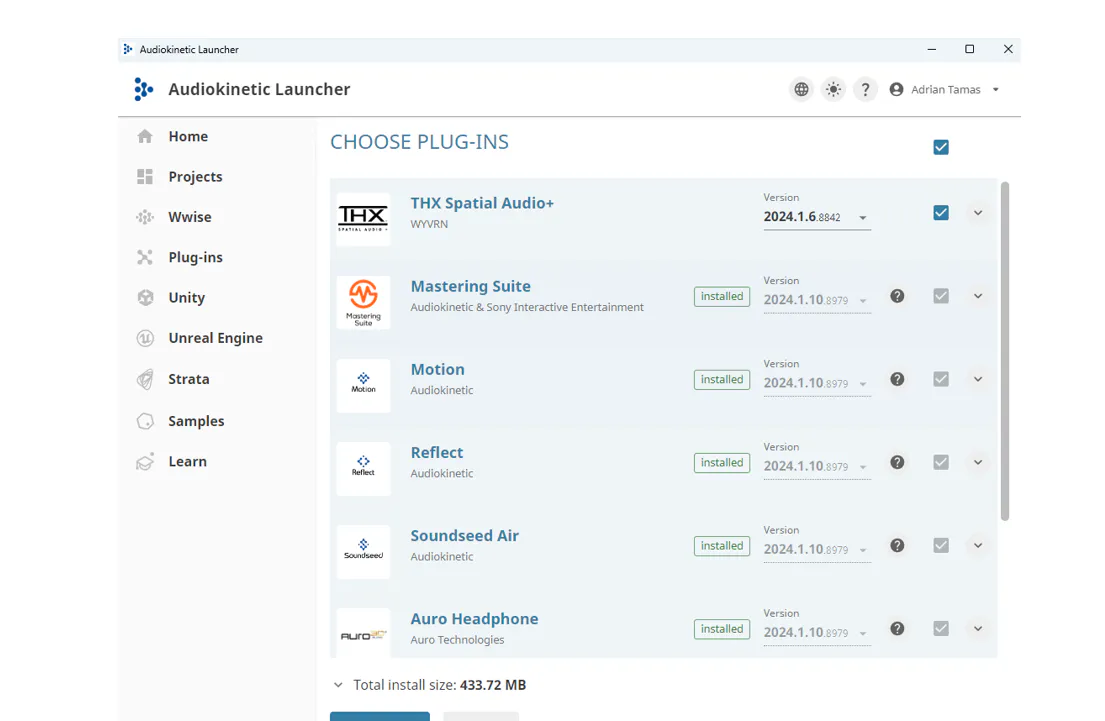 Audiokinetic Launcher plug-in list with THX Spatial Audio+ selected for Wwise version 2024.1.6